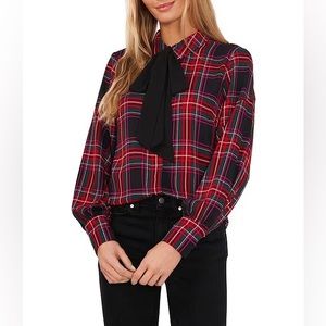 Cece Red Green Black Long Sleeve Plaid Bow Neck Blouse Christmas L